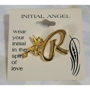 Vintage Gold Tone Initial R Cherub Angel Pin Brooch